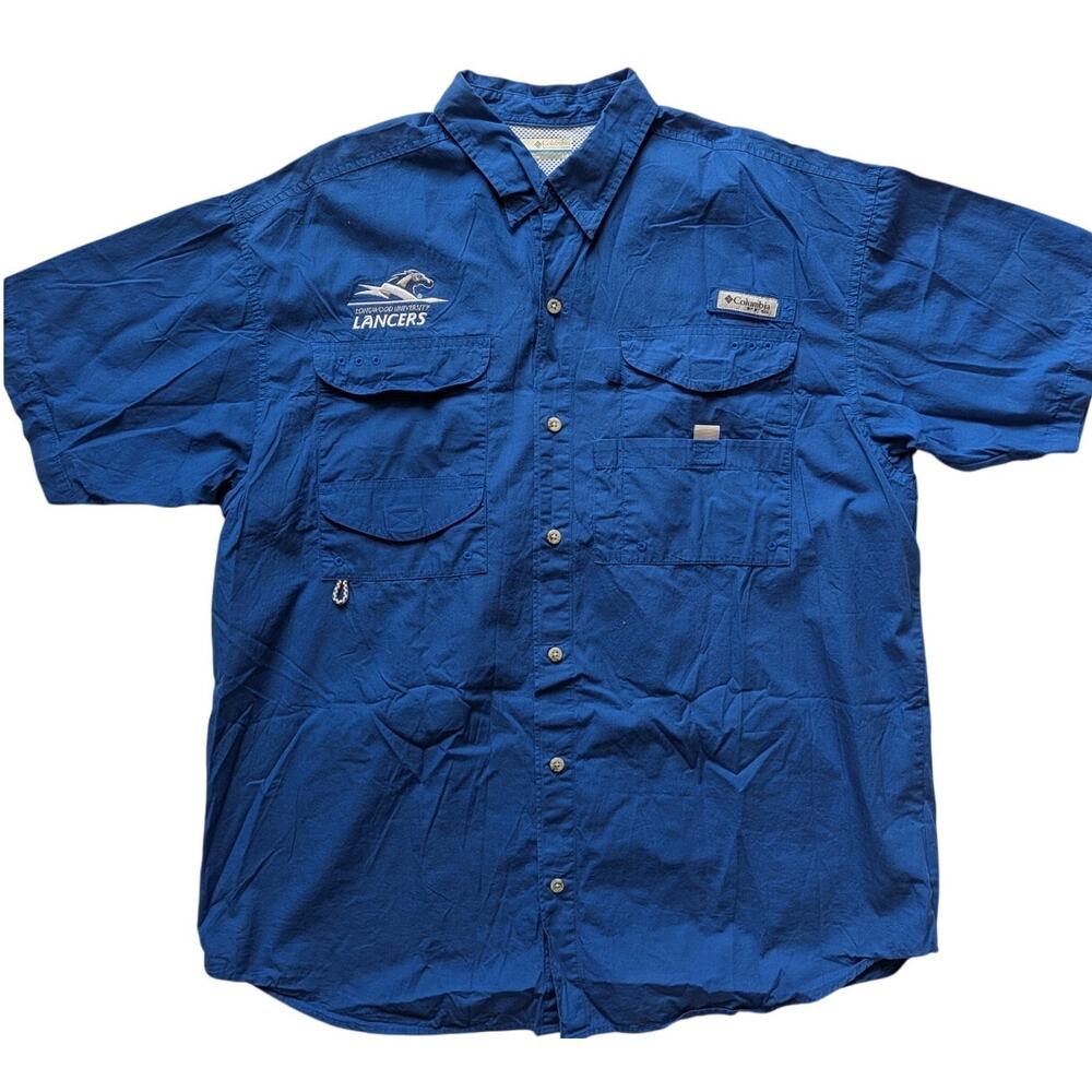 Columbia Mens Large Blue Fishing Shirt Vented Outdoor Short Sleeve Button Up bh
